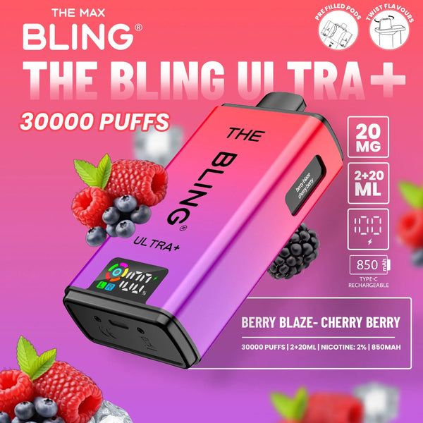 Bling Ultra Plus 30k Puffs Prefilled Pod Vape Box of 5, Berry Blaze Flavor