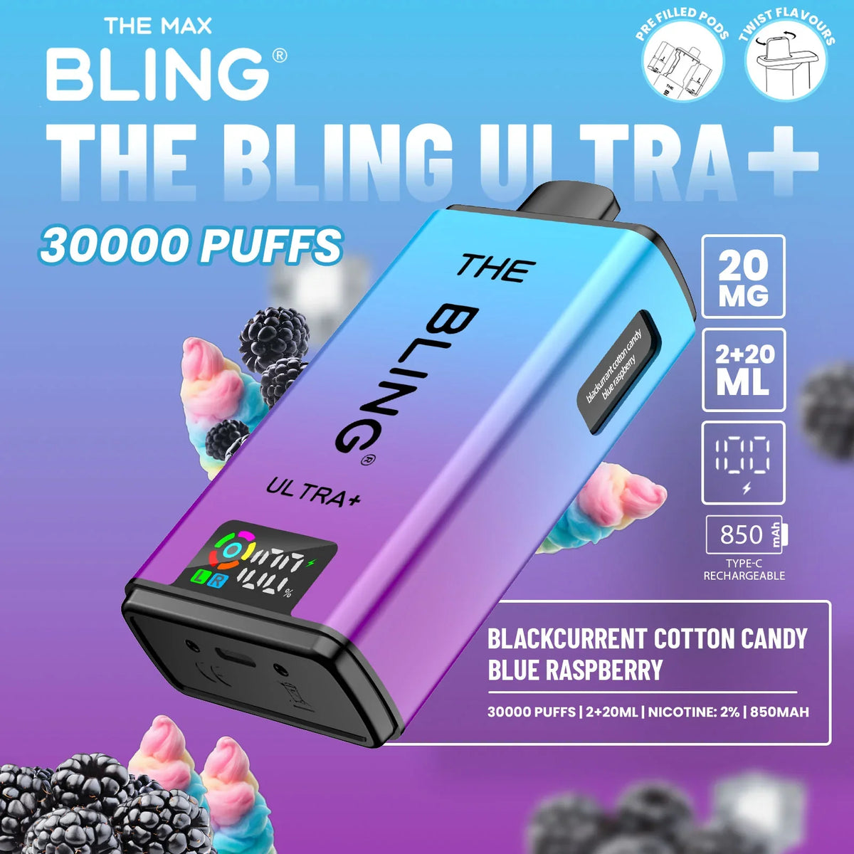 Bling Ultra Plus 30k Puffs Prefilled Pod Vape Box of 5, Black Current Cotton Candy Flavor