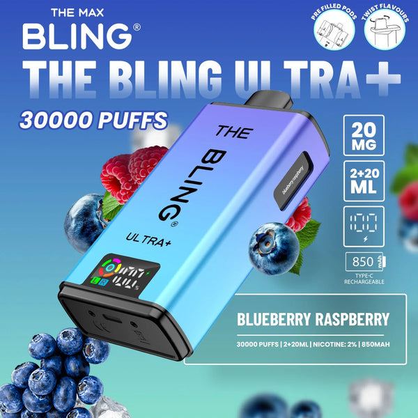 Bling Ultra Plus 30k Puffs Prefilled Pod Vape Box of 5, Blueberry Raspberry Flavor