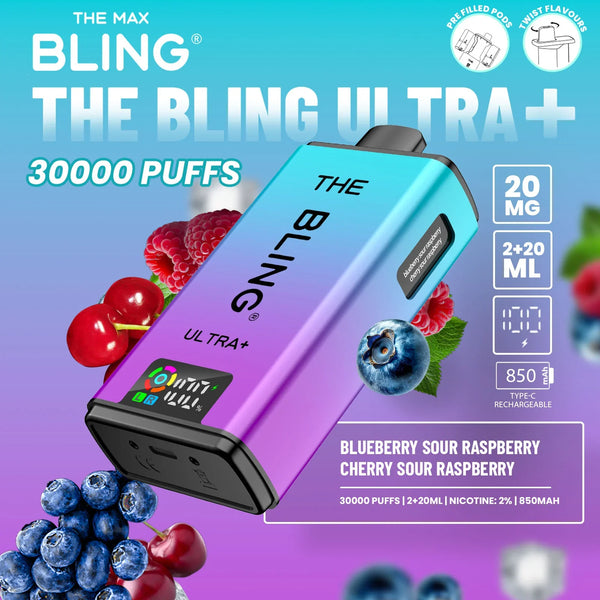 Bling Ultra Plus 30k Puffs Prefilled Pod Vape Box of 5, Blueberry Sour Raspberry Flavor