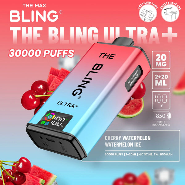 Bling Ultra Plus 30k Puffs Prefilled Pod Vape Box of 5, Cherry Watermelon Flavor