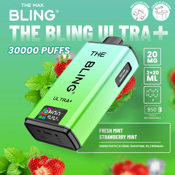 Bling Ultra Plus 30k Puffs Prefilled Pod Vape Box of 5, Fresh Mint Flavor
