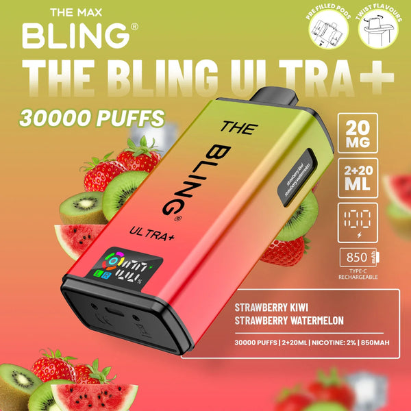 Bling Ultra Plus 30k Puffs Prefilled Pod Vape Box of 5, Strawberry Kiwi Flavor