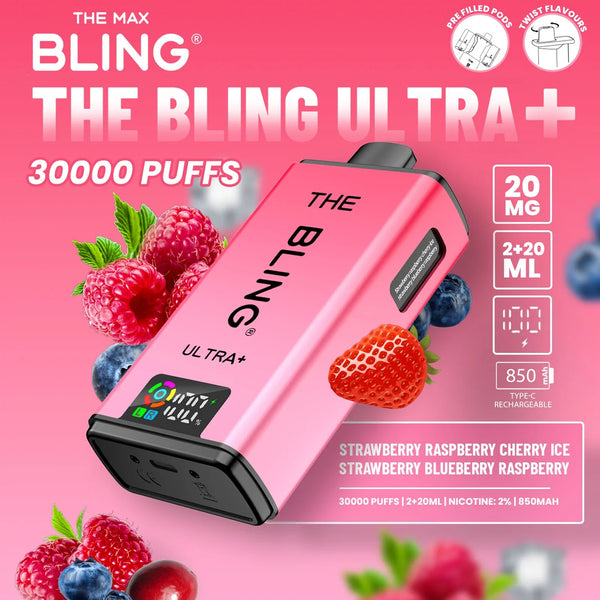 Bling Ultra Plus 30k Puffs Prefilled Pod Vape Box of 5, Strawberry Raspberry Cherry Ice Flavor