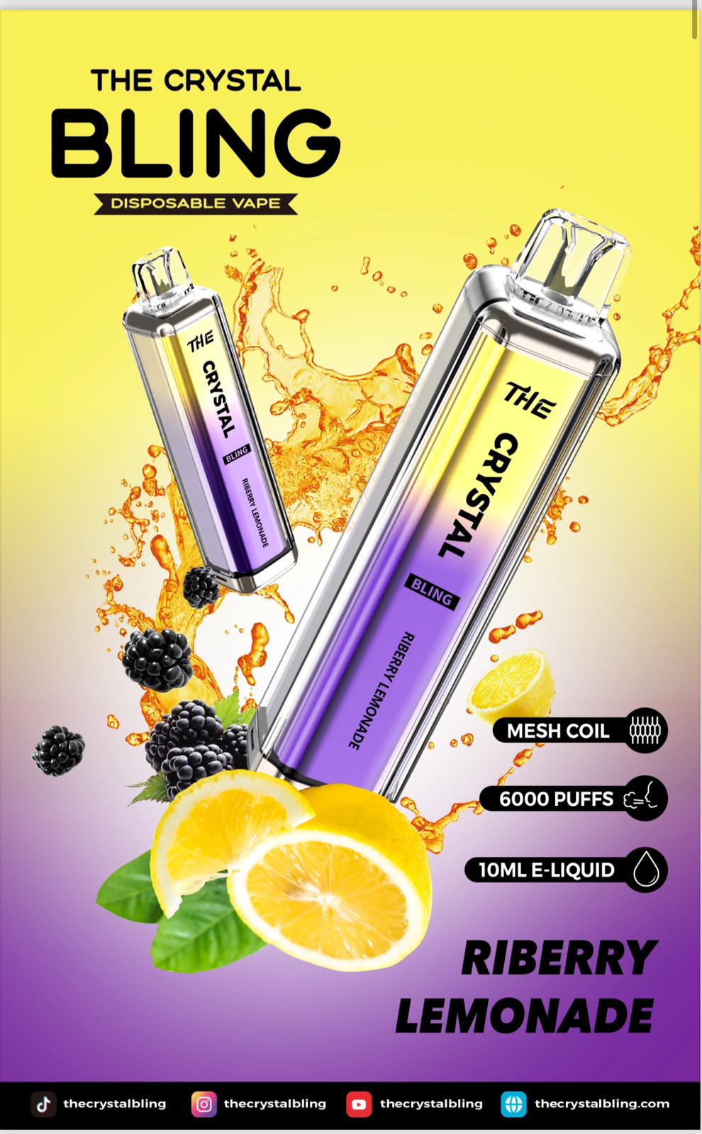 Crystal Bling 6000 Prefilled Vape Pod Device, Riberry Lemonade Flavor