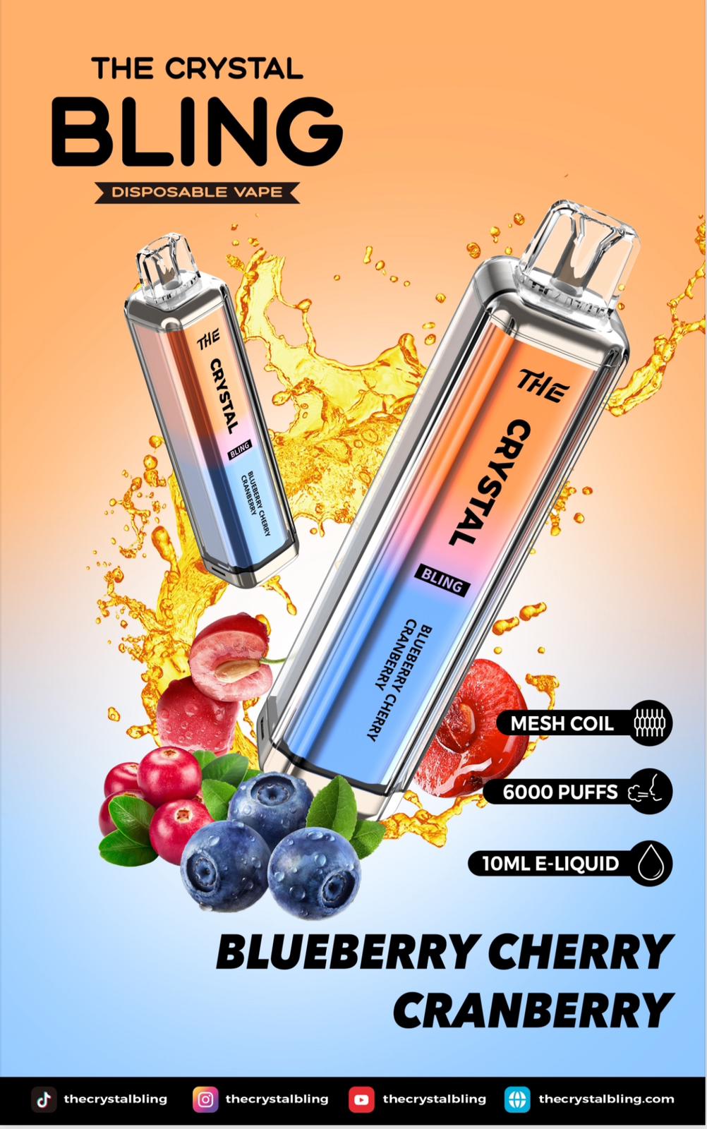 Crystal Bling 6000 Puffs Prefilled Vape Pod Box of 10, Blueberry Cherry Cranberry Flavor