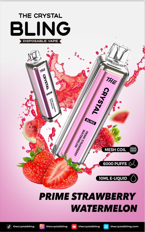 Crystal Bling 6000 Puffs Prefilled Vape Pod Box of 10, Prime Strawberry Watermelon Flavor