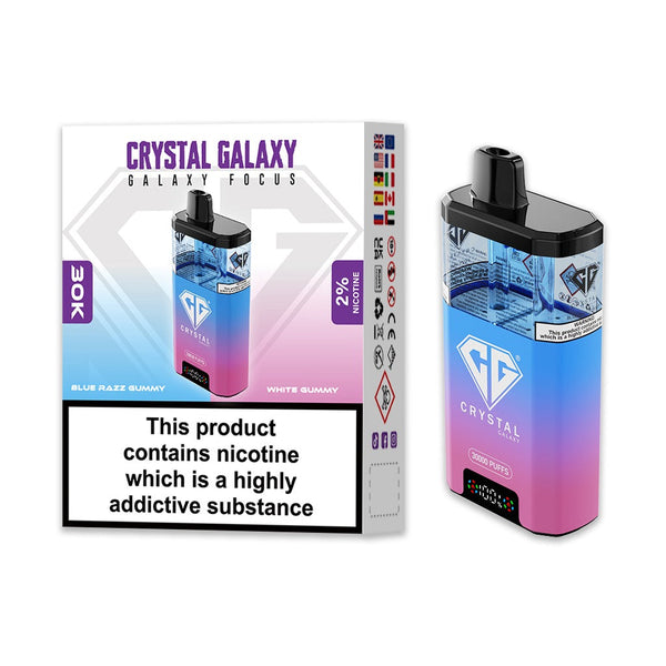 Crystal Galaxy Focus 30000 Puffs Pre Filled Vape Kit, White Gummy ,Blue Razz Gummy Flavor