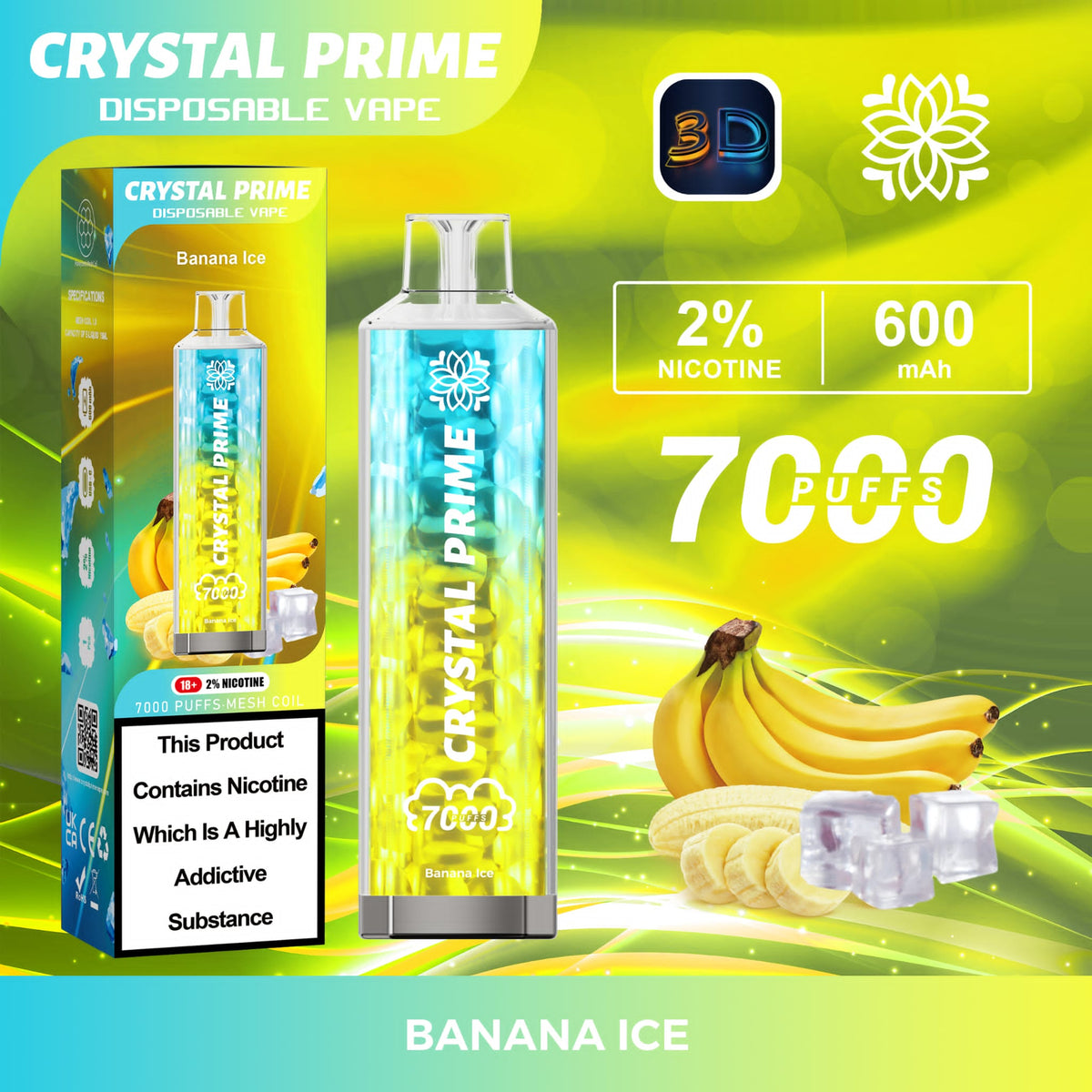 Crystal Prime 7000 Puffs Vape Pod Kit Box of 10, Banana Ice Flavor