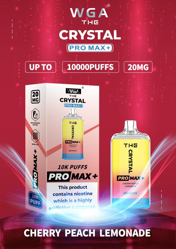 Crystal Pro Max 10K Puffs Prefilled Vape Box of 10, Cherry Peach Lemonade Flavor