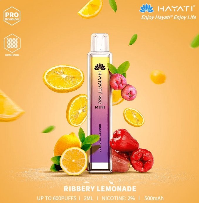 Hayati Crystal Pro Mini 600 Puff Prefilled Vape Bar Pod, Ribbery Lemonade Flavor