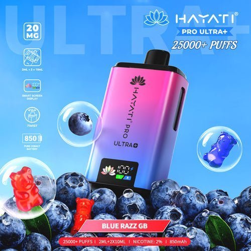 Hayati Pro Ultra Plus 25k Prefilled Pod Kit Box of 5, Blue Razz GB Flavor