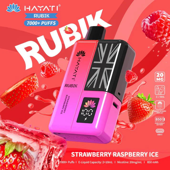 Hayati Rubik 7000 Puffs Disposable Vape Kit Pack of 5 - Strawberry Raspberry Ice - vapeukwholesale