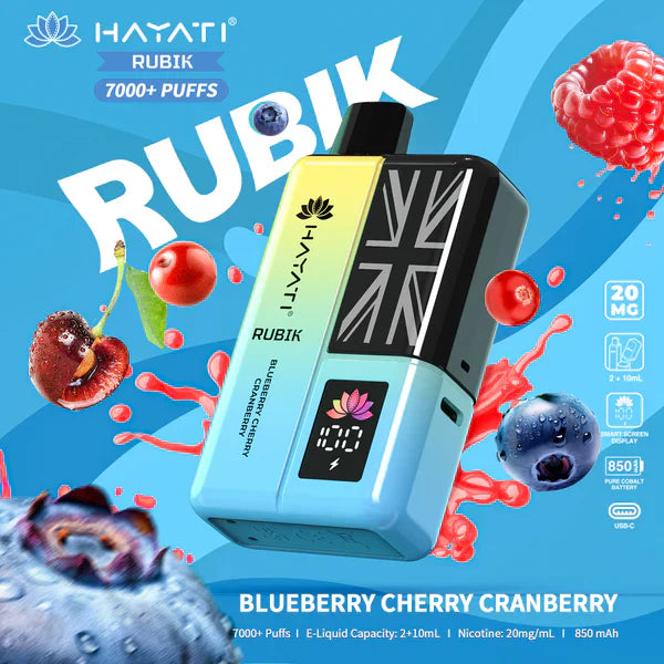 Hayati Rubik 7000 Puffs Replaceable Vape Kit, Blueberry Cherry Cranberry Flavor