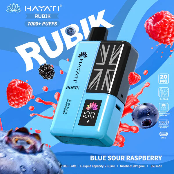 Hayati Rubik 7000 Puffs Replaceable Vape Kit, Blue Sour Raspberry Flavor