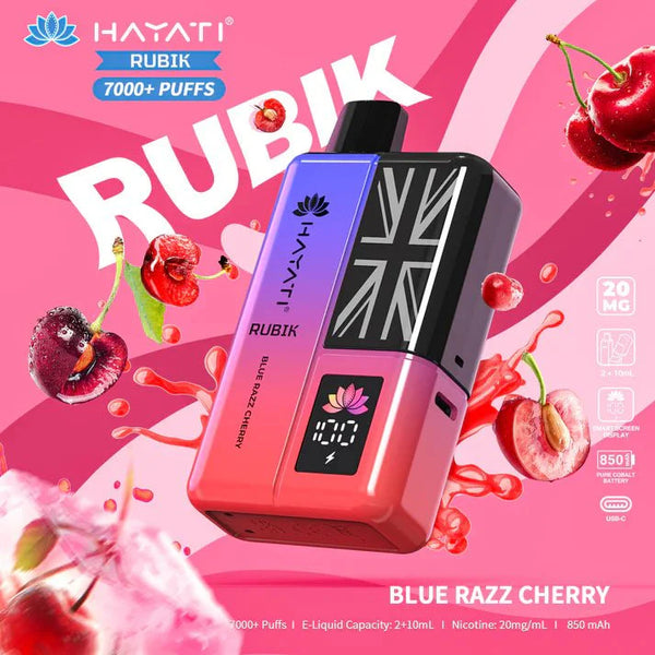 Hayati Rubik 7000 Puffs Pre Filled Vape Kit Pack of 5, Blue Razz Cherry Flavor