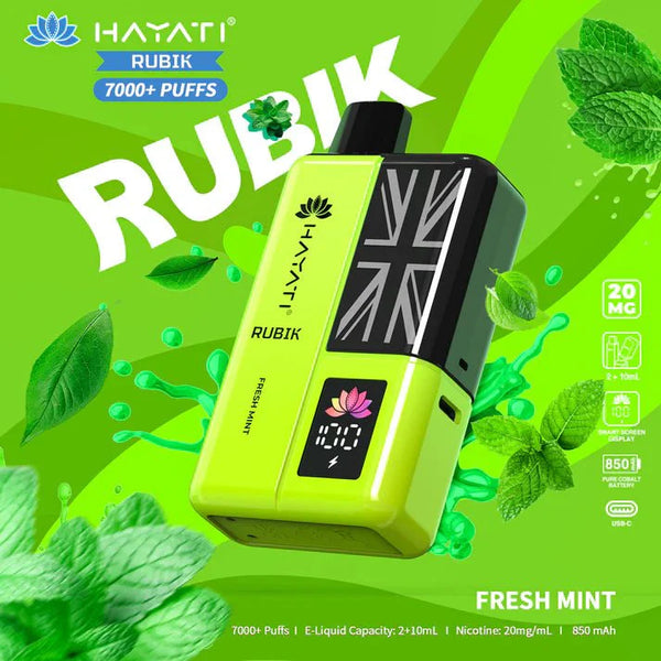 Hayati Rubik 7000 Puffs Pre Filled Vape Kit Pack of 5, fresh Mint Flavor