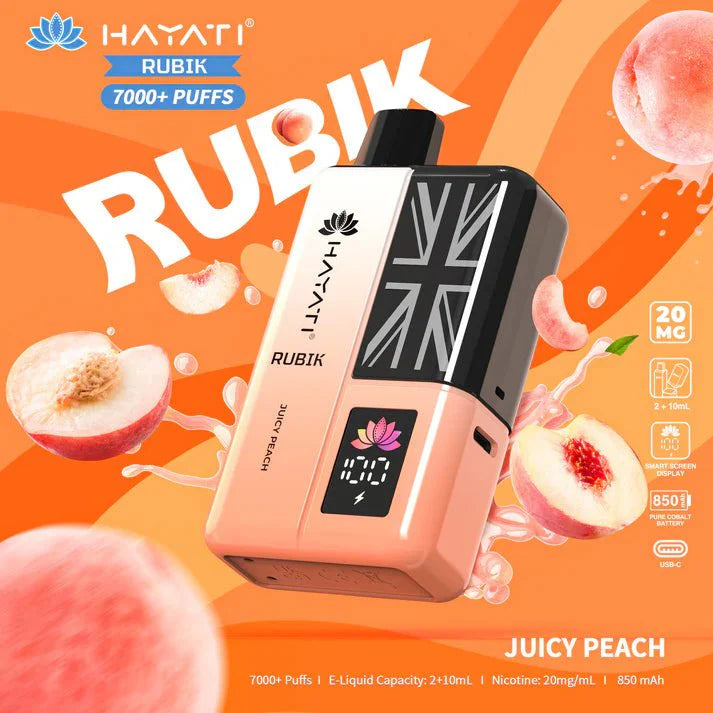 Hayati Rubik 7000 Puffs Pre Filled Vape Kit Pack of 5, Juicy Peach Flavor