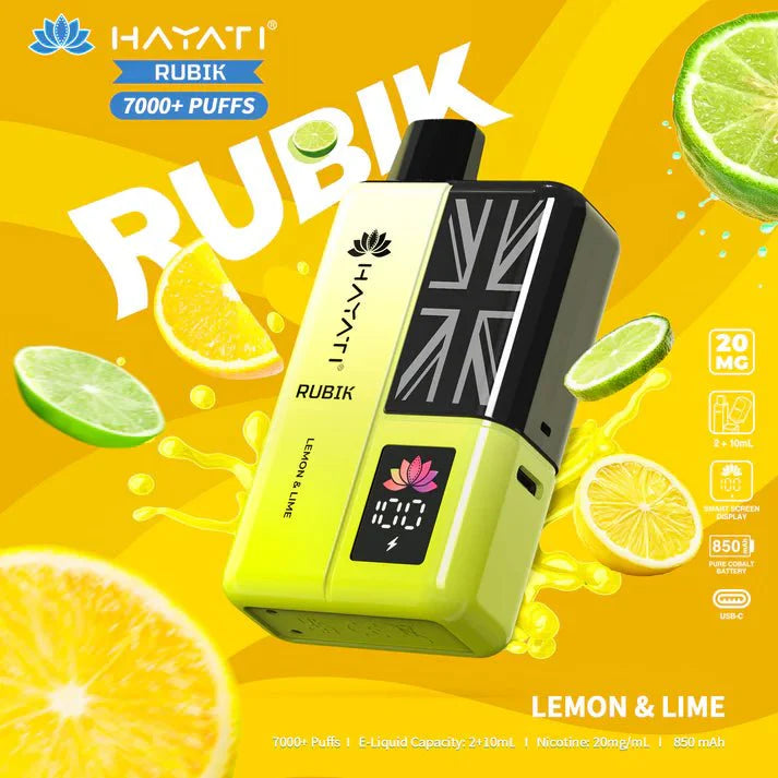 Hayati Rubik 7000 Puffs Pre Filled Vape Kit Pack of 5, Lemon Lime Flavor