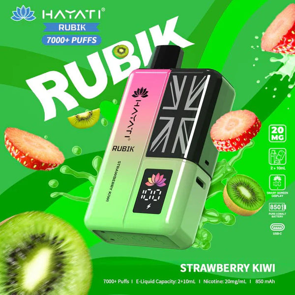 Hayati Rubik 7000 Puffs Pre Filled Vape Kit Pack of 5, Strawberry Kiwi Flavor
