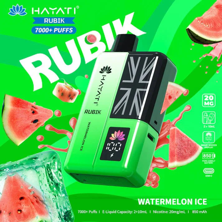 Hayati Rubik 7000 Puffs Pre Filled Vape Kit Pack of 5, Water Melon Ice Flavor