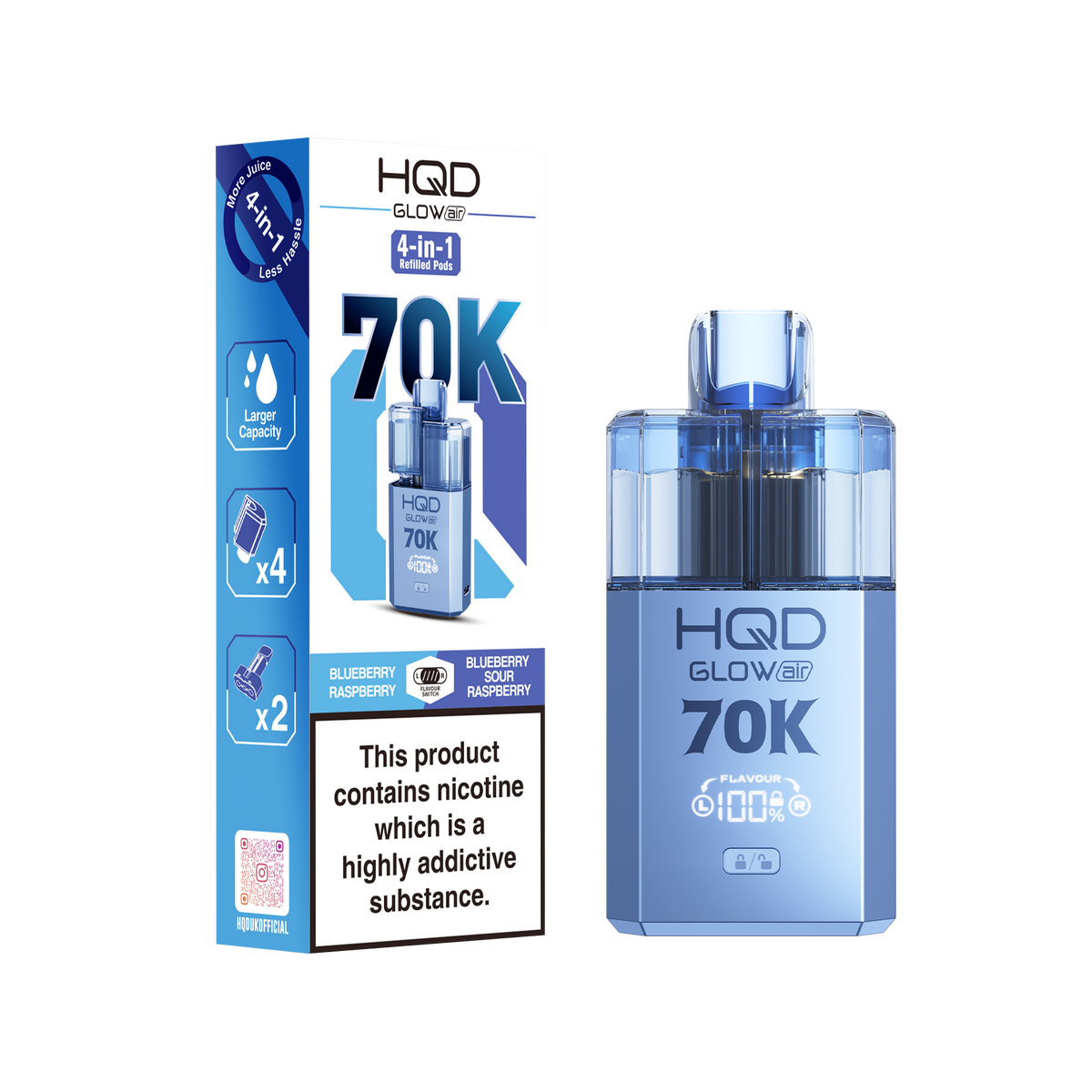 HQD Glow Air 70000 Prefilled Pod Vape Kit, Blueberry Sour Raspberry Flavor