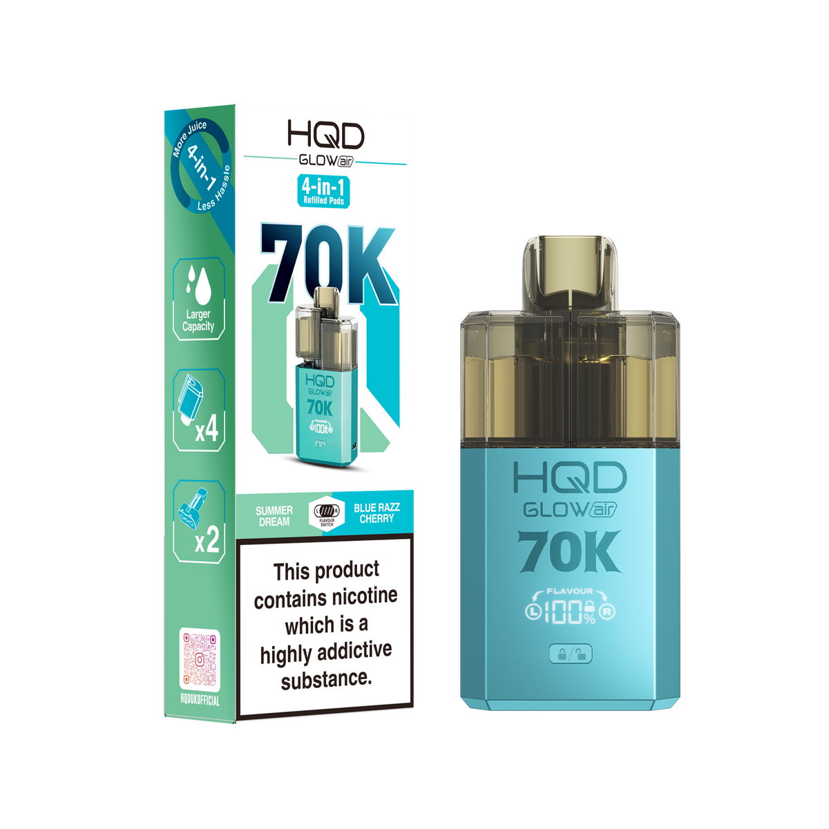 HQD Glow Air 70000 Prefilled Pod Vape Kit, Blue Razz Cherry Flavor