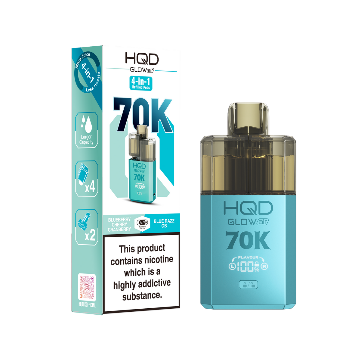 HQD Glow Air 70000 Prefilled Pod Vape Kit, Blue Razz GB Flavor