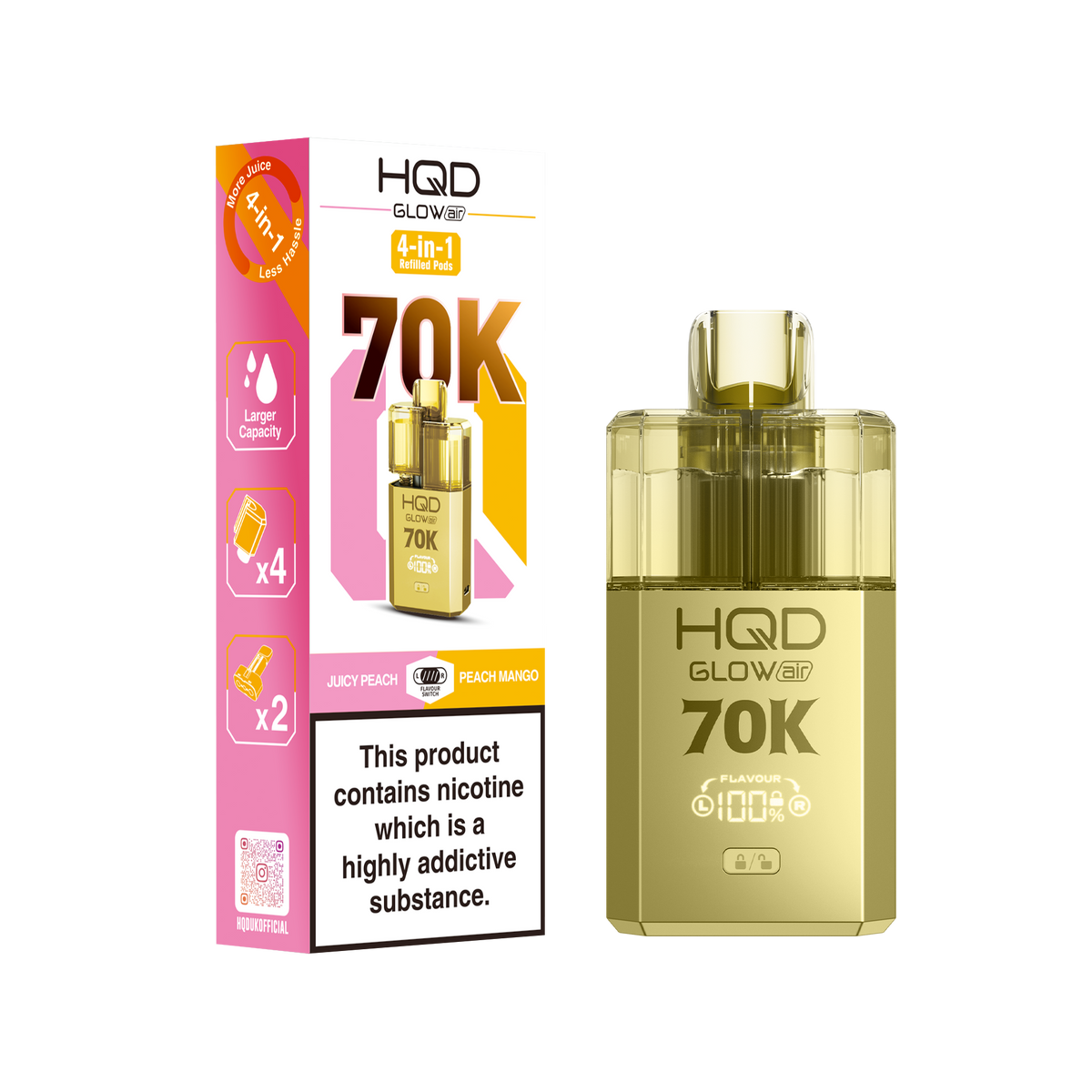 HQD Glow Air 70000 Prefilled Pod Vape Kit, Peach Mango Flavor