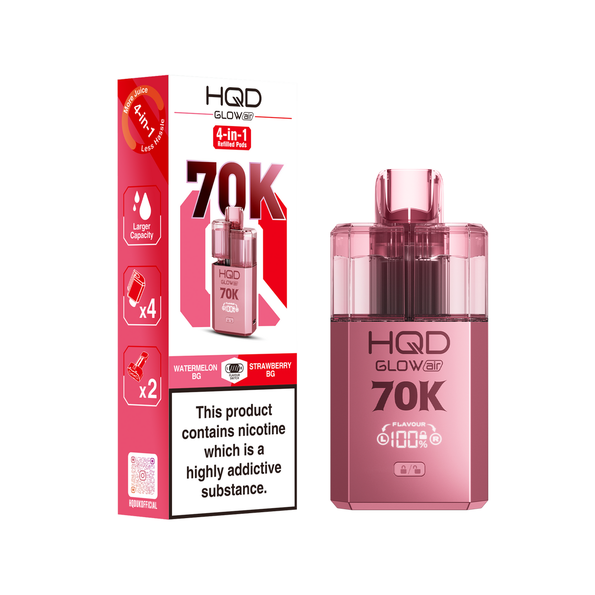HQD Glow Air 70000 Prefilled Pod Vape Kit, Strawberry GB Flavor