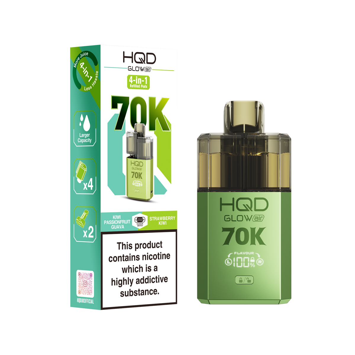 HQD Glow Air 70000 Prefilled Pod Vape Kit, Strawberry Kiwi Flavor