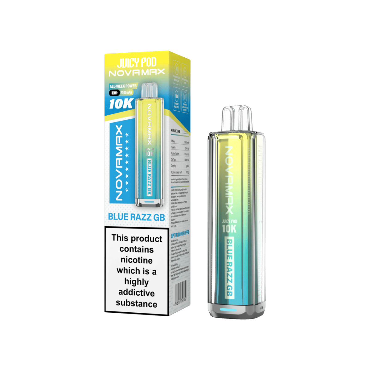 Juicy Pod Novamax 10K Prefilled Vape Kit, Blue Razz GB Flavor