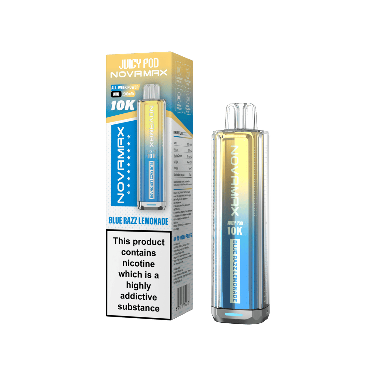 Juicy Pod Novamax 10K Prefilled Vape Kit, Blue Razz Lemonade Flavor