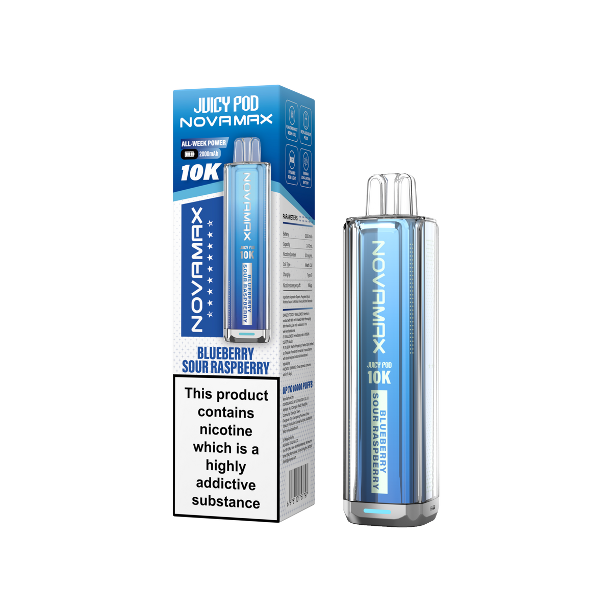 Juicy Pod Novamax 10K Prefilled Vape Kit, Blueberry Sour Raspberry Flavor