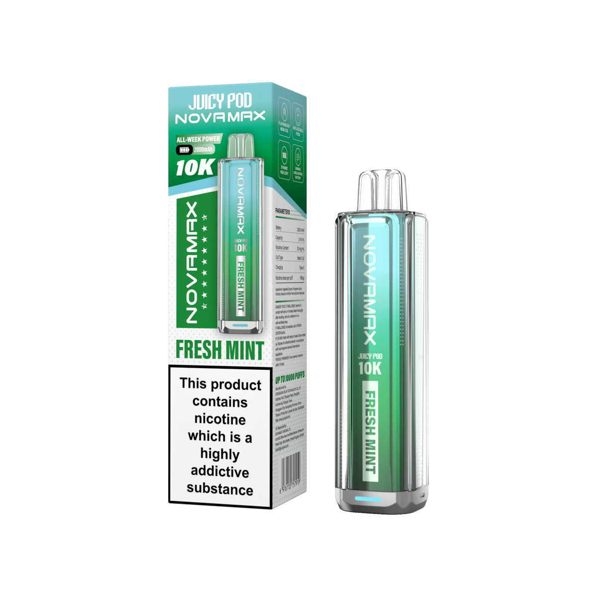 Juicy Pod Novamax 10K Prefilled Vape Kit, Fresh Mint Flavor