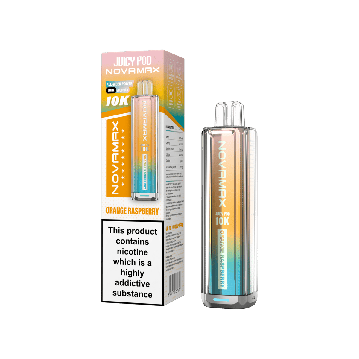 Juicy Pod Novamax 10K Prefilled Vape Kit, Orange Raspberry Flavour