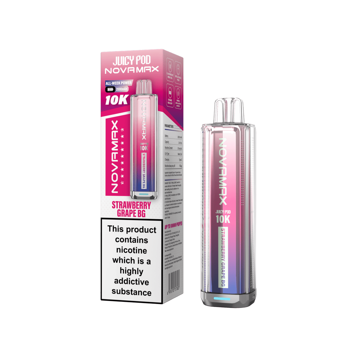 Juicy Pod Novamax 10K Prefilled Vape Kit, Strawberry Grape BG Flavour