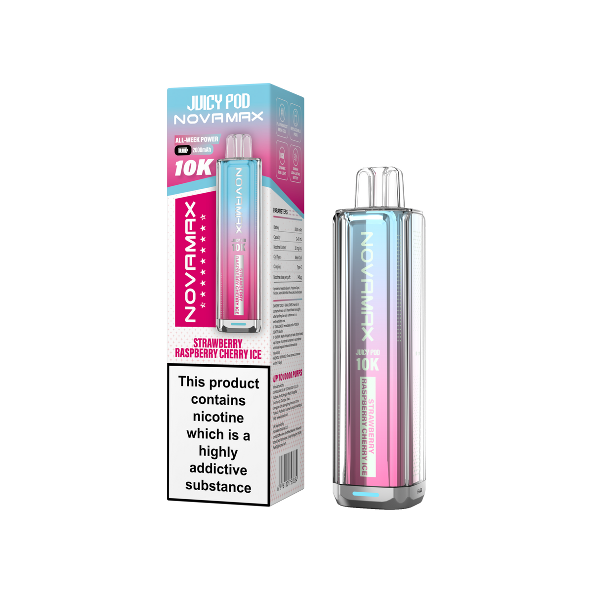 Juicy Pod Novamax 10K Prefilled Vape Kit, Strawberry Raspberry Cherry Ice Flavour