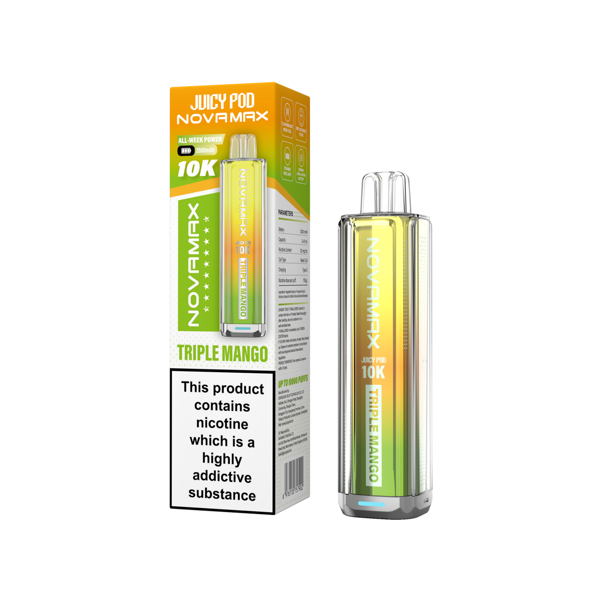 Juicy Pod Novamax 10K Prefilled Vape Kit, Triple Mango Flavour