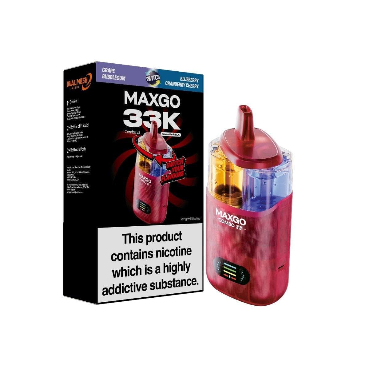 RELX MAXGO Combo 33000 PreFilled Pod Kit Box of 3, Blueberry Cranberry Cherry Flavor