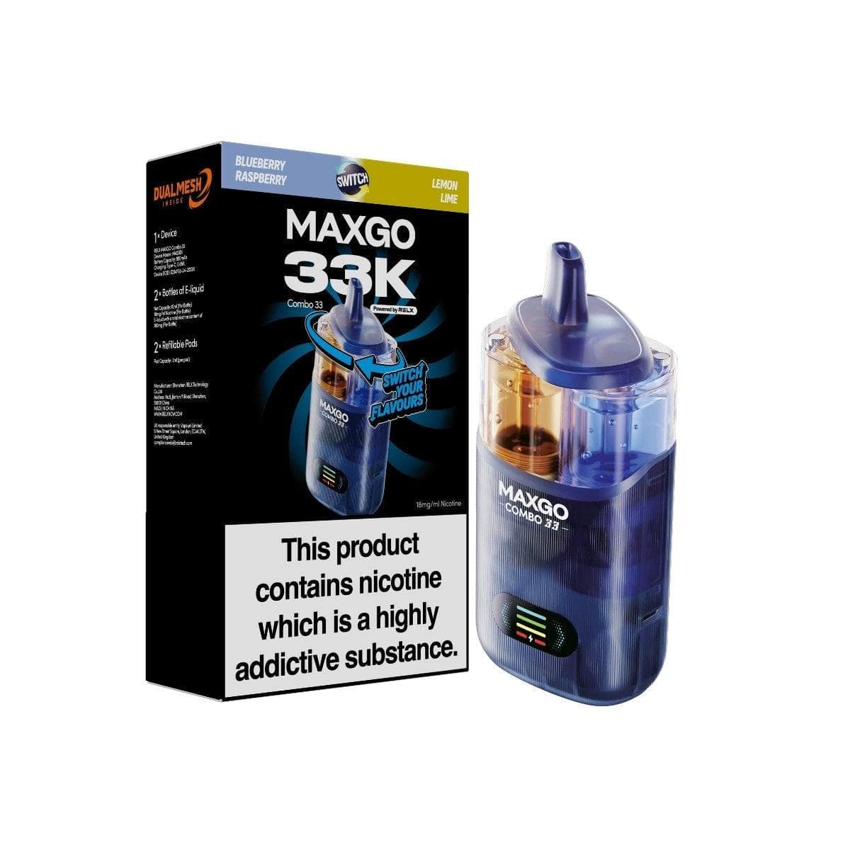 RELX MAXGO Combo 33000 PreFilled Pod Kit Box of 3, Blueberry Raspberry Flavor