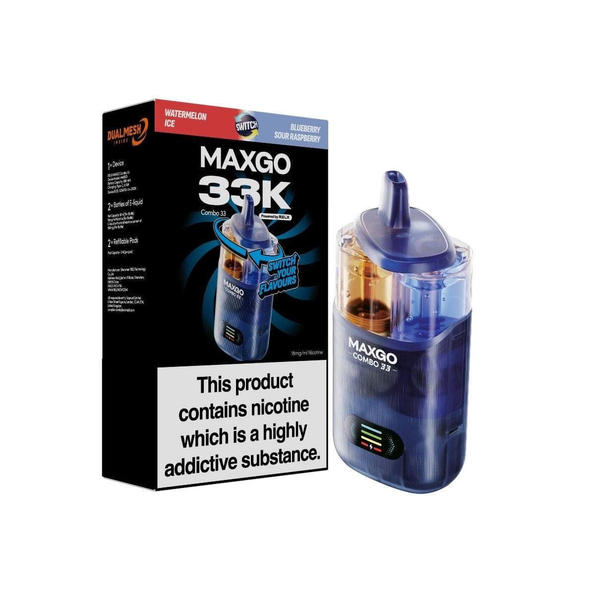 RELX MAXGO Combo 33000 PreFilled Pod Kit Box of 3, Blueberry Sour Raspberry Flavor