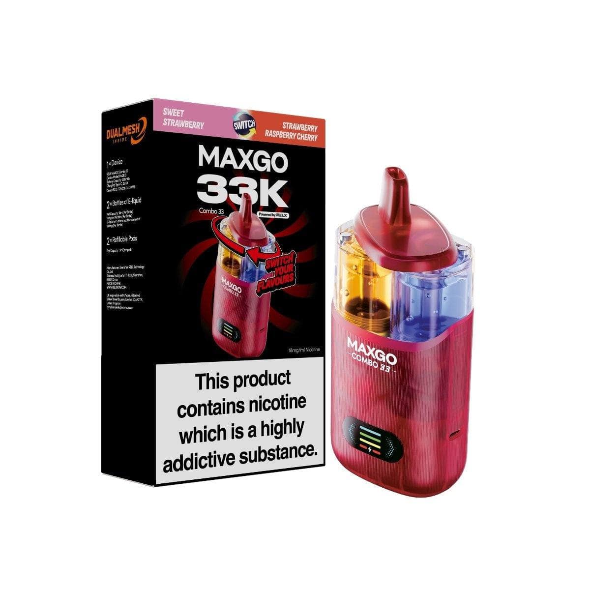 RELX MAXGO Combo 33000 PreFilled Pod Kit Box of 3, Strawberry Raspberry Cherry Flavor