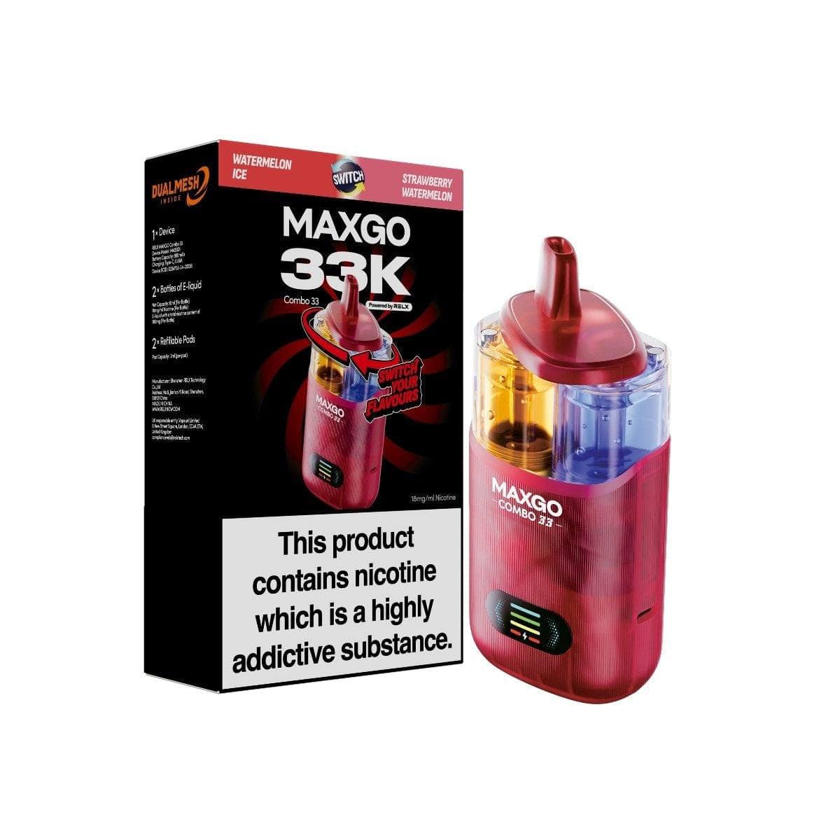 RELX MAXGO Combo 33000 PreFilled Pod Kit Box of 3, Watermelon Ice Flavor