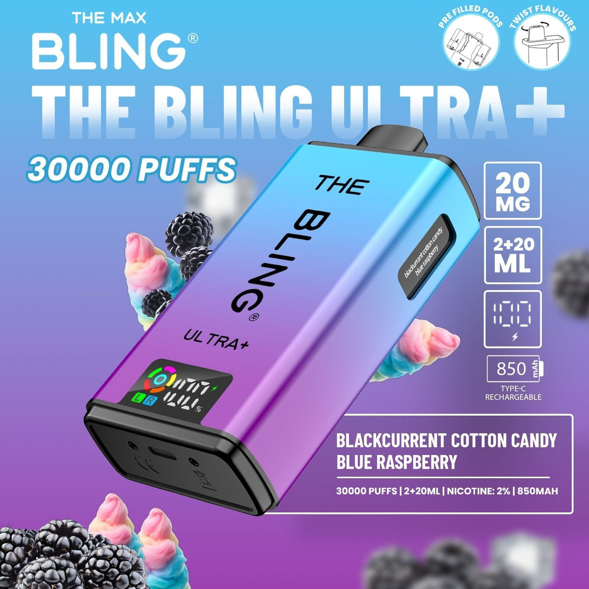 The Crystal Bling Ultra Plus 30k Prefilled Vape Pod Kit, Black Current Cotton Candy Flavor