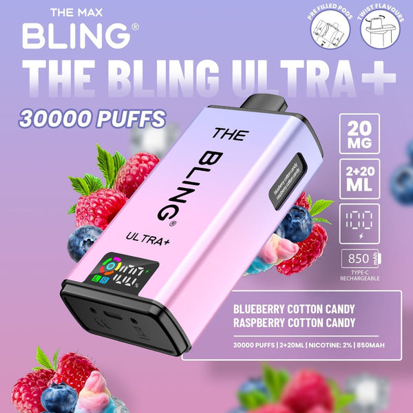 The Crystal Bling Ultra Plus 30k Prefilled Vape Pod Kit, Blueberry Cotton Candy Flavor