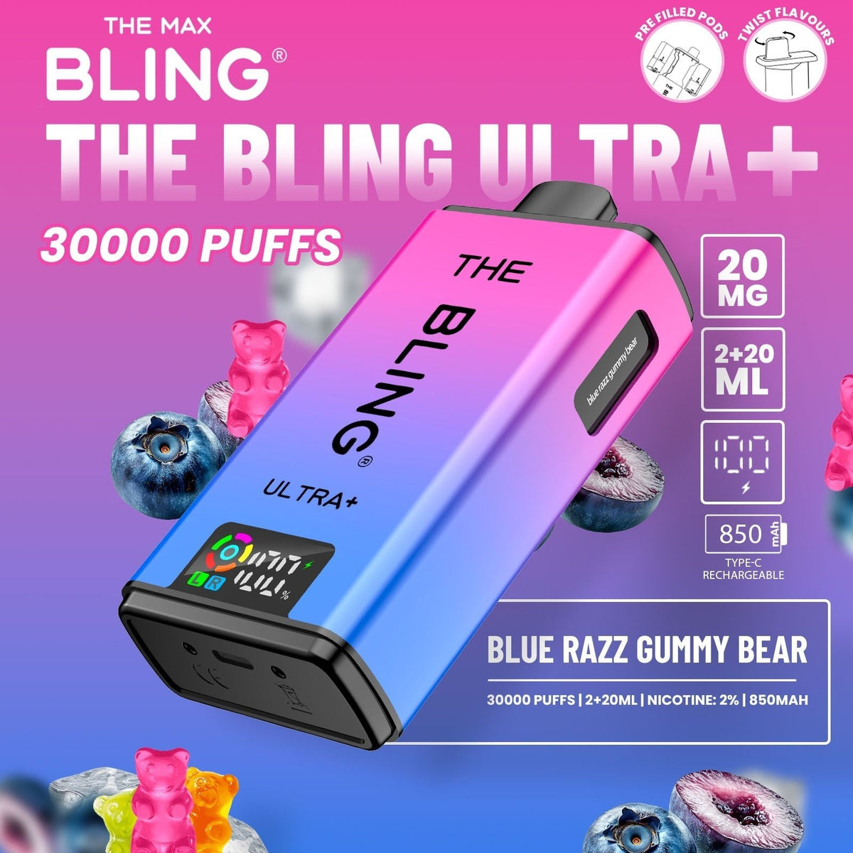 The Crystal Bling Ultra Plus 30k Prefilled Vape Pod Kit, Blue Razz Gummy Bear Flavor