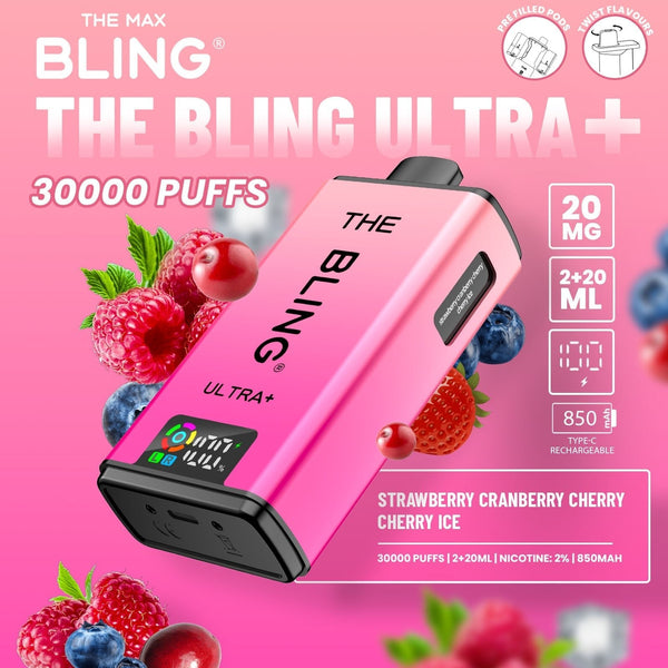 The Crystal Bling Ultra Plus 30k Prefilled Vape Pod Kit, Strawberry Cranberry Cherry Ice Flavor