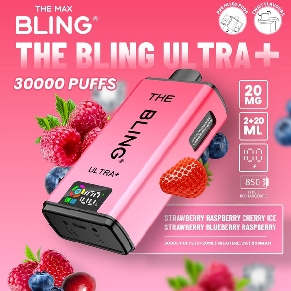 The Crystal Bling Ultra Plus 30k Prefilled Vape Pod Kit, Strawberry Raspberry Cherry Ice Flavor