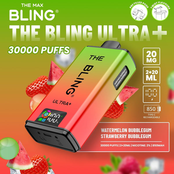 The Crystal Bling Ultra Plus 30k Prefilled Vape Pod Kit, Watermelon Bubblegum Flavor